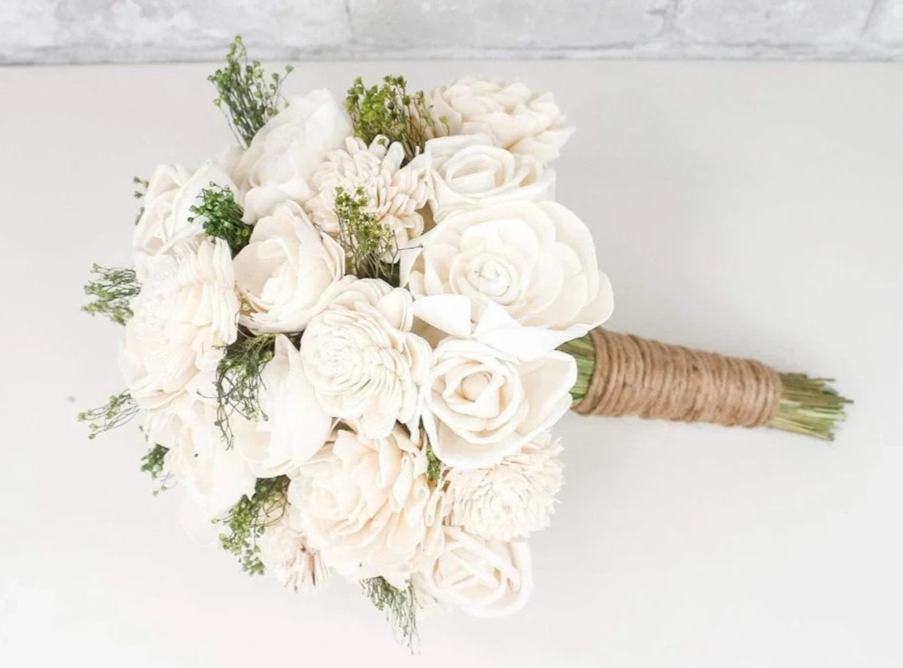 White Rose Bridal Bouquet Wedding Sola Wood Flowers Green Baby Breath Jute Stem